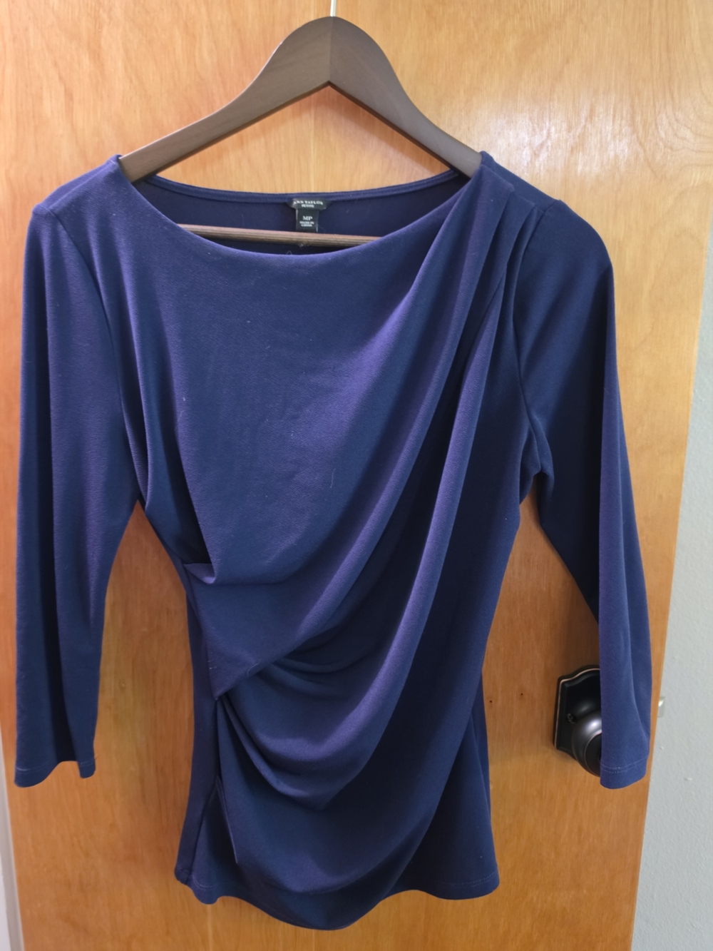 Ann Taylor Navy Draped Three-Quarter Sleeve Top